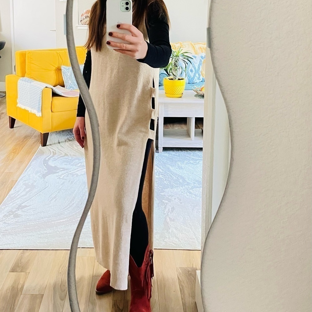 Love Token Beige Open Sides Turtleneck Midi Sweater Dress - Picture 2 of 7